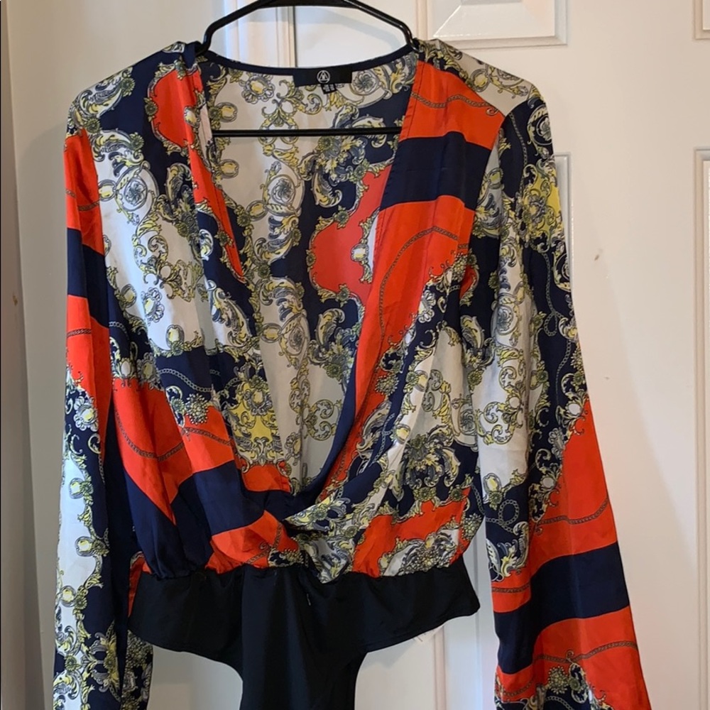 Satin Long sleeve vintage print bodysuit blouse